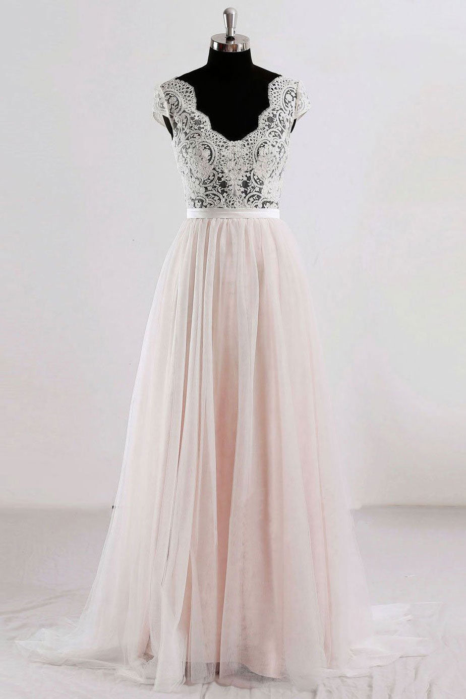 Champagne Prom Dress V Neck Lace Tulle Long Evening Dress