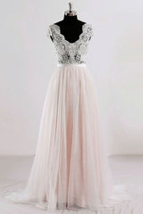 Champagne Prom Dress V Neck Lace Tulle Long Evening Dress