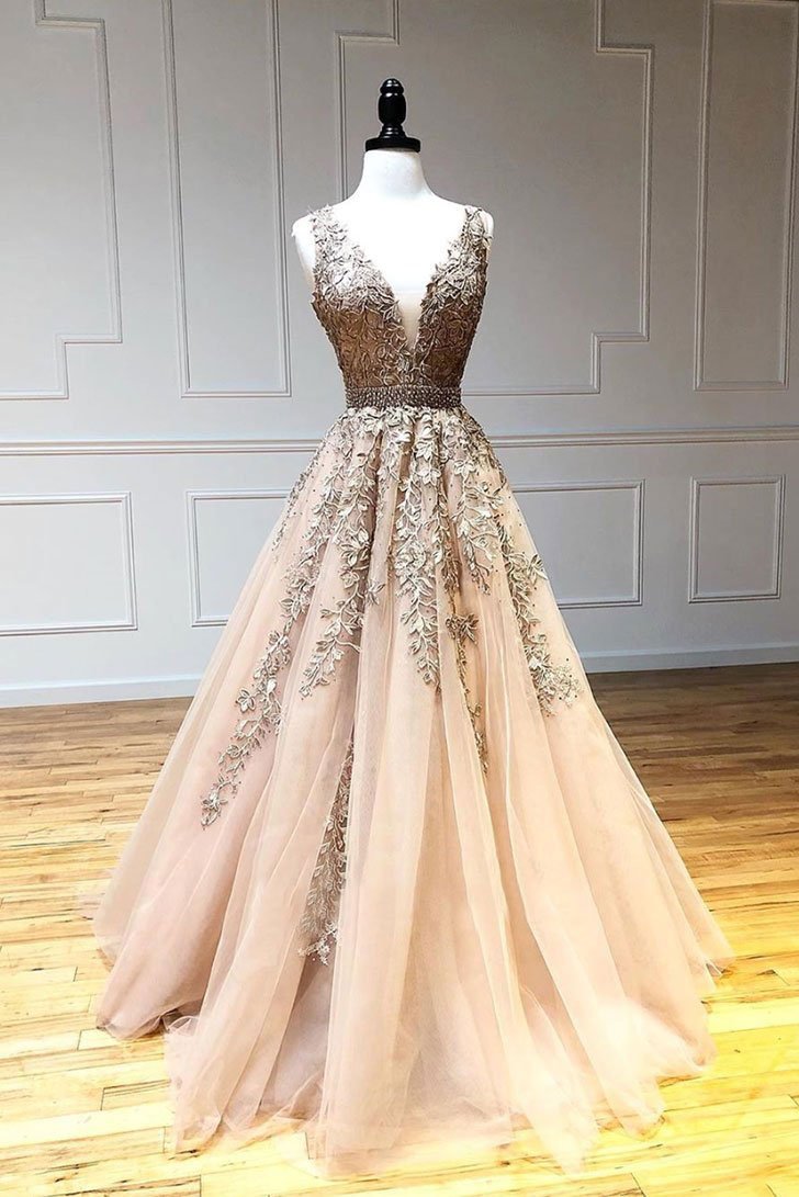 Champagne Prom Dress V Neck Tulle Lace Beaded Long Formal Gown Evening Dress