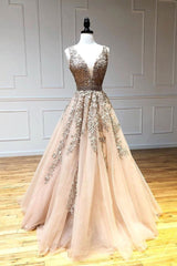 Champagne Prom Dress V Neck Tulle Lace Beaded Long Formal Gown Evening Dress
