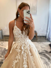 Champagne Prom Dress V Neck Tulle Lace Long Evening Dress