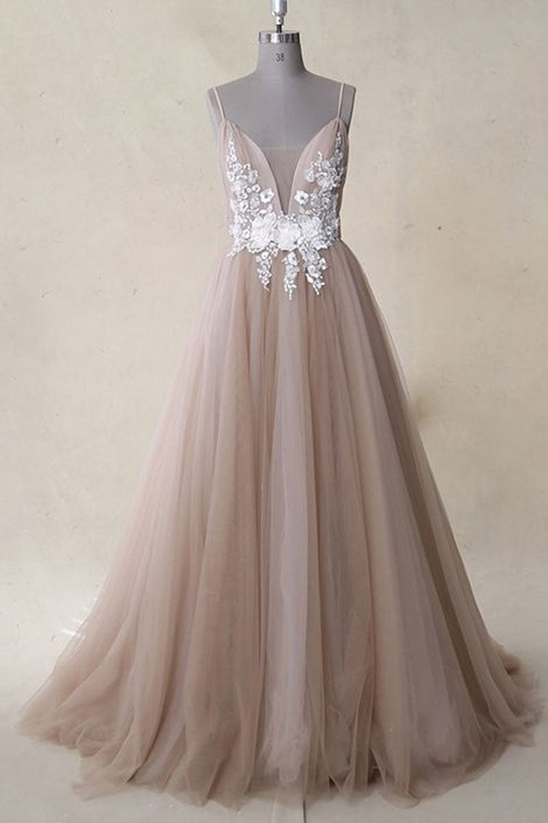 Champagne Prom Dress V Neck Tulle Lace Long Evening Dress