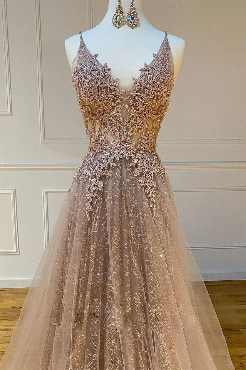 Champagne Prom Dress V Neck Tulle Lace Long Formal Evening Dress