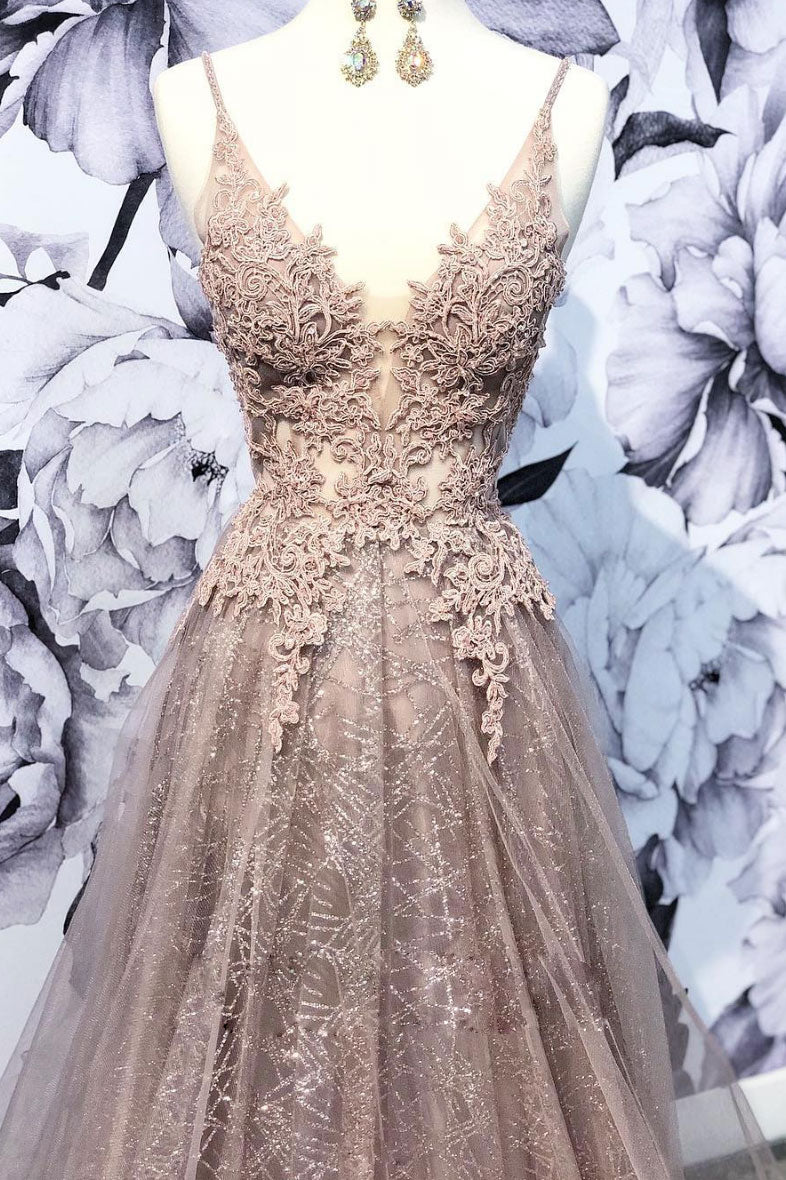 Champagne Prom Dress V Neck Tulle Lace Long Formal Evening Dress