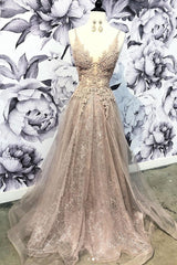 Champagne Prom Dress V Neck Tulle Lace Long Formal Evening Dress