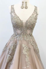 Champagne Prom Dress V Neck Tulle Lace Long Formal Gown Evening Dress