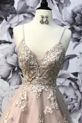 Champagne Prom Dress V Neck Tulle Lace Long Formal Gown Evening Dress