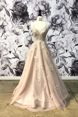 Champagne Prom Dress V Neck Tulle Lace Long Formal Gown Evening Dress