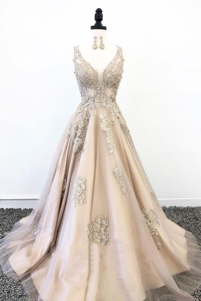 Champagne Prom Dress V Neck Tulle Lace Long Formal Gown Evening Dress