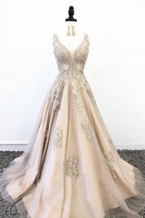 Champagne Prom Dress V Neck Tulle Lace Long Formal Gown Evening Dress