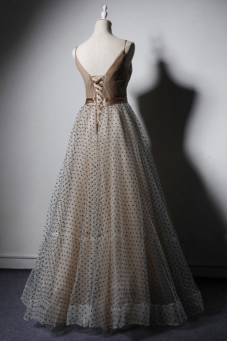 Champagne Prom Dress V Neck Tulle Long Evening Dress