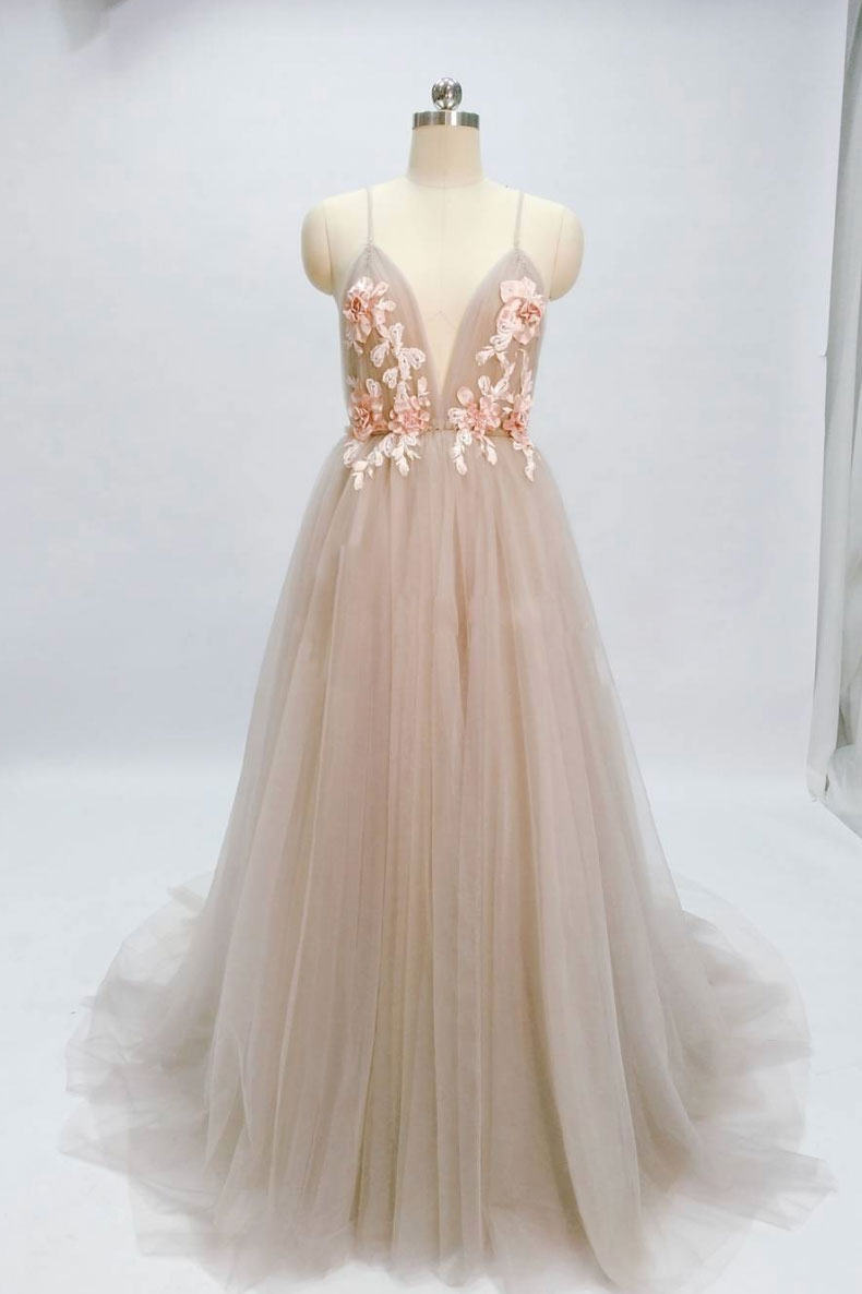 Champagne Prom Dress V Neck Tulle Long Evening Dress