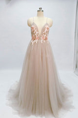 Champagne Prom Dress V Neck Tulle Long Evening Dress