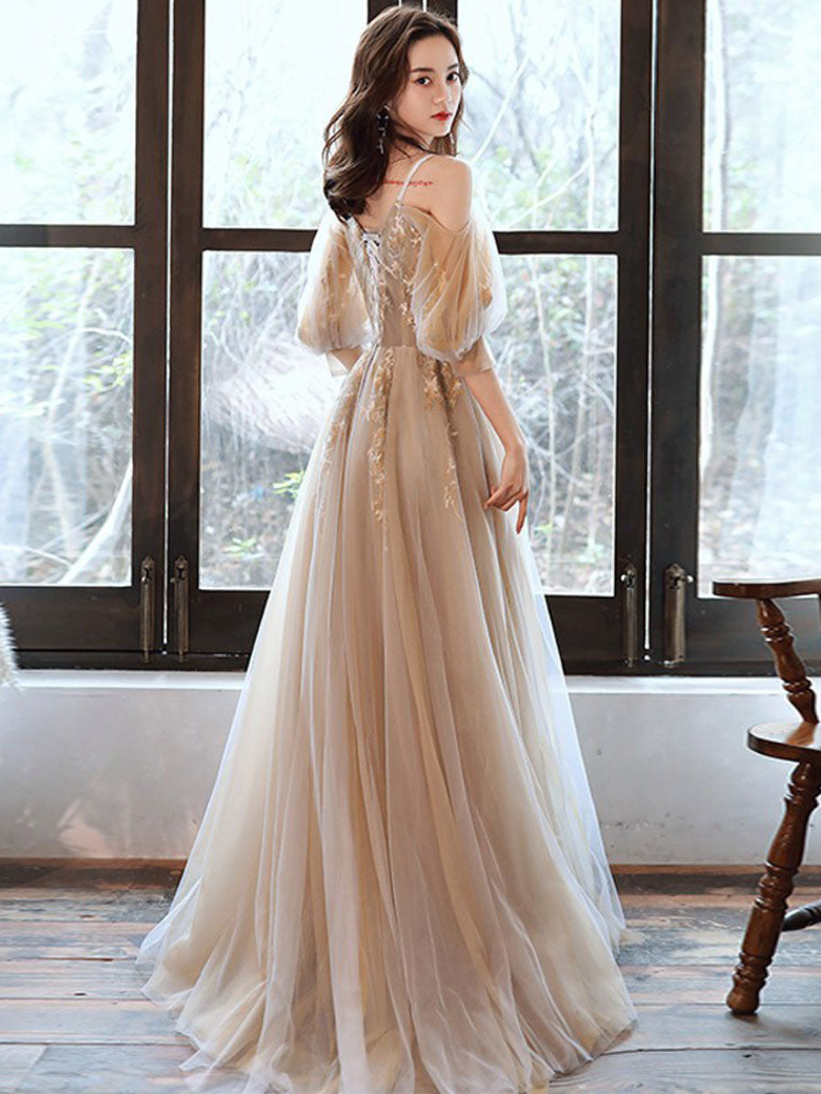 Champagne Prom Dress V Neck Tulle Long Formal Gown Evening Dress