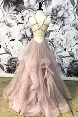 Champagne Prom Dress V Neck Tulle Long Formal Gown Evening Dress