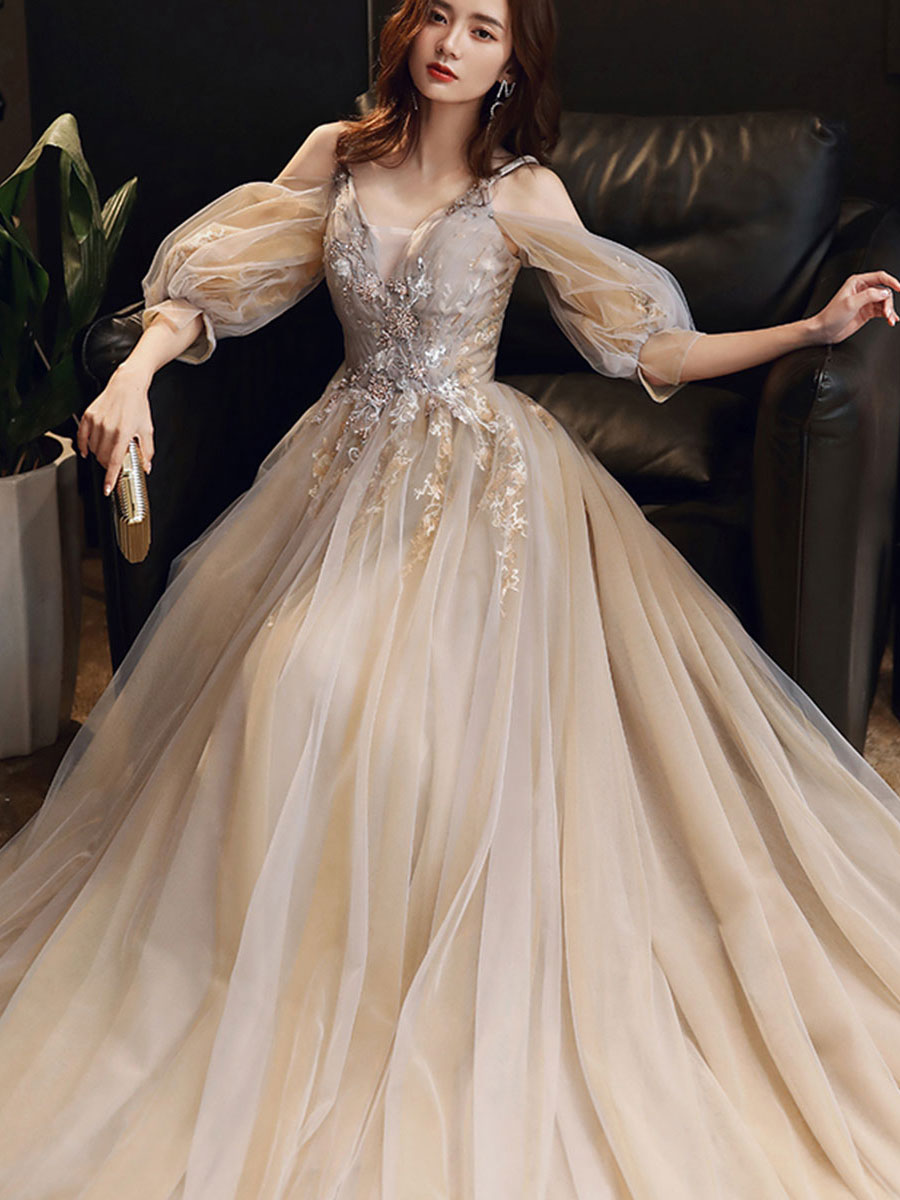 Champagne Prom Dress V Neck Tulle Long Formal Gown Evening Dress