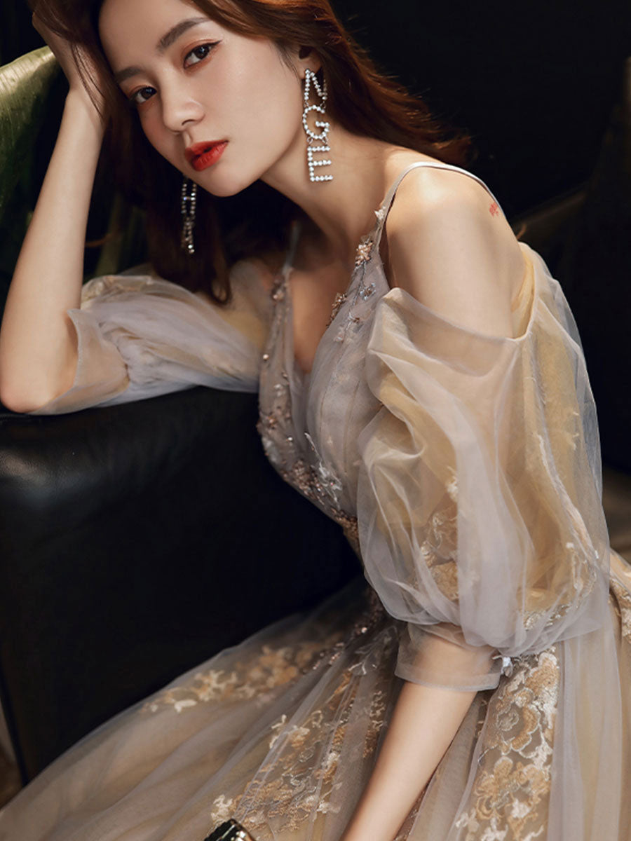 Champagne Prom Dress V Neck Tulle Long Formal Gown Evening Dress