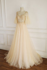 Champagne Prom Dress V Neck Tulle Sequin Long Evening Dress