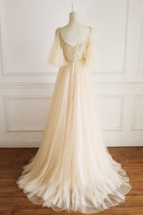 Champagne Prom Dress V Neck Tulle Sequin Long Evening Dress