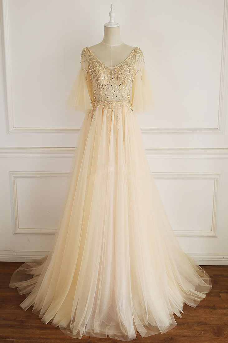 Champagne Prom Dress V Neck Tulle Sequin Long Evening Dress