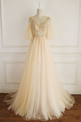 Champagne Prom Dress V Neck Tulle Sequin Long Evening Dress