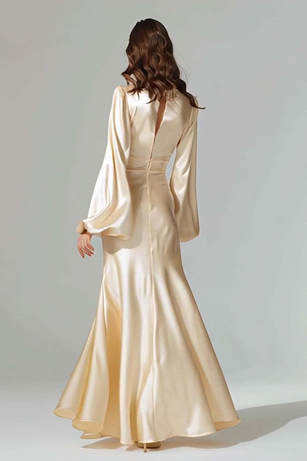 Dressystars Champagne Satin Mermaid V-Neck Long Prom Dress With Sleeves