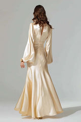 Dressystars Champagne Satin Mermaid V-Neck Long Prom Dress With Sleeves