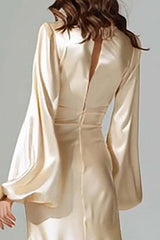 Dressystars Champagne Satin Mermaid V-Neck Long Prom Dress With Sleeves