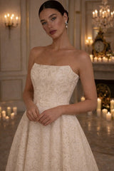 Champagne Sequin A Line Wedding Dress with High Low Hem