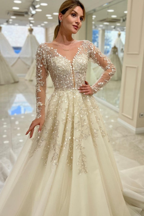 Champagne Tulle A Line Wedding Dress with Long Sleeves and Sequin Appliques