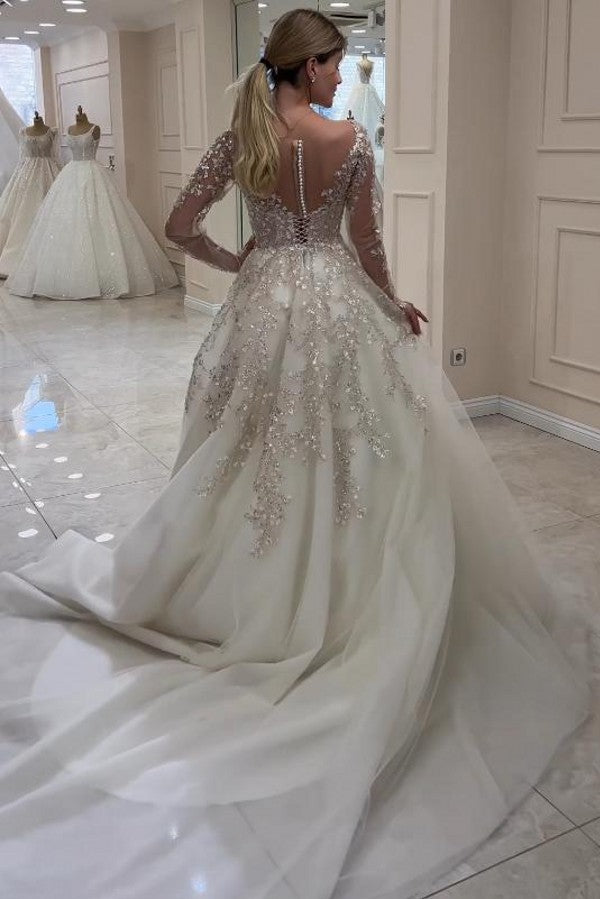 Champagne Tulle A Line Wedding Dress with Long Sleeves and Sequin Appliques