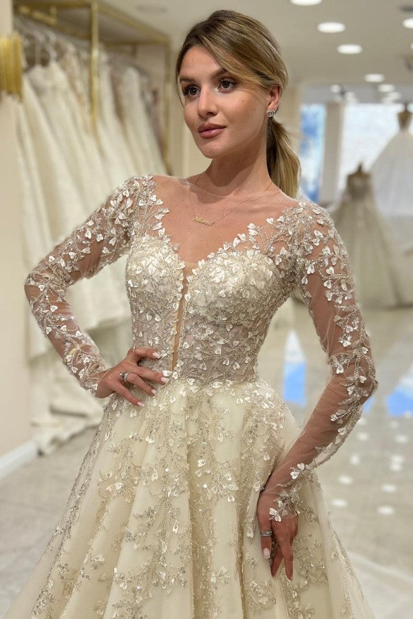 Champagne Tulle A Line Wedding Dress with Long Sleeves and Sequin Appliques