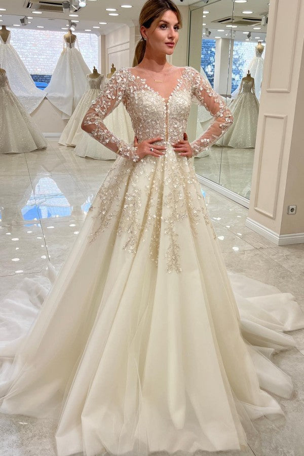 Champagne Tulle A Line Wedding Dress with Long Sleeves and Sequin Appliques