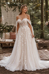 Champagne Tulle A Line Wedding Dress with Off Shoulder Drapes and Corset Bodice