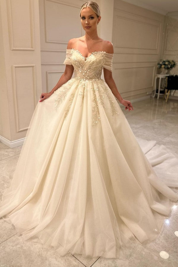Champagne Tulle A Line Wedding Dress with Off Shoulder Straps and Beaded Appliques