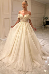 Champagne Tulle A Line Wedding Dress with Off Shoulder Straps and Beaded Appliques
