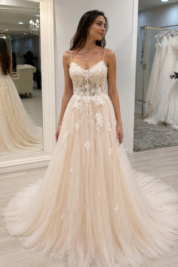 Champagne Tulle A Line Wedding Dress with Spaghetti Straps and Lace-Up Back