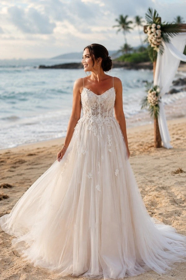 Champagne Tulle A Line Wedding Dress with Spaghetti Straps and Lace-Up Back