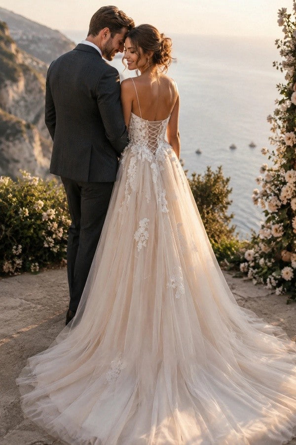 Champagne Tulle A Line Wedding Dress with Spaghetti Straps and Lace-Up Back