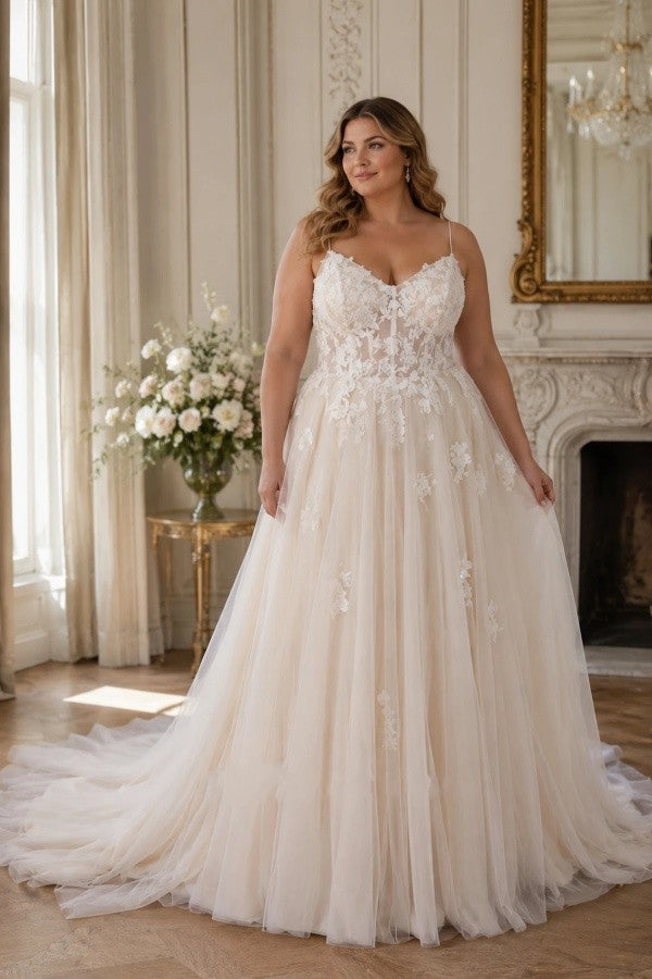 Champagne Tulle A Line Wedding Dress with Spaghetti Straps and Lace-Up Back