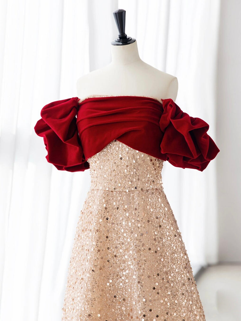 Champagne Velvet Formal Dress A Line Long Tulle Sequin Evening Dress