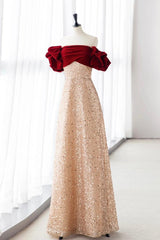 Champagne Velvet Formal Dress A Line Long Tulle Sequin Evening Dress