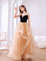 Champagne Velvet Formal Dress Sweetheart Neck Tulle Long Backless Evening Dress