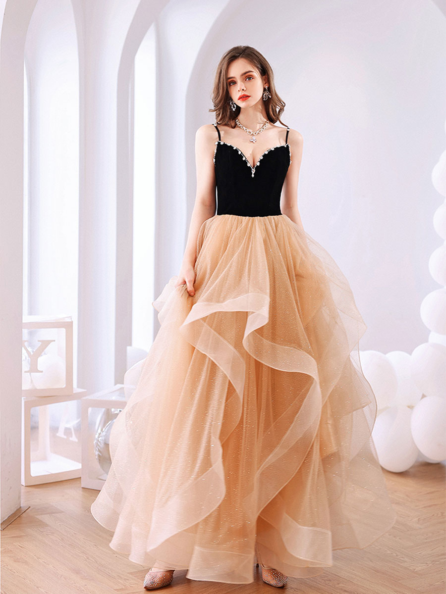 Champagne Velvet Formal Dress Sweetheart Neck Tulle Long Backless Evening Dress