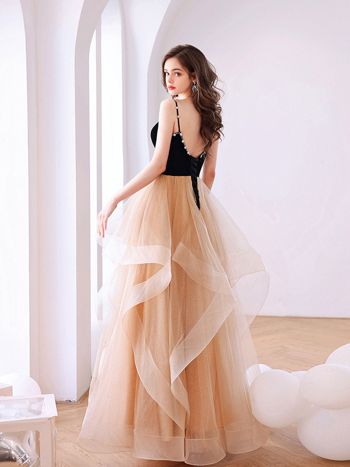 Champagne Velvet Formal Dress Sweetheart Neck Tulle Long Backless Evening Dress