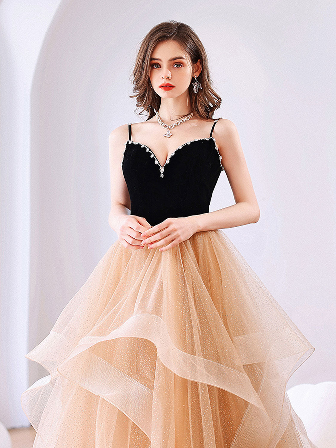 Champagne Velvet Formal Dress Sweetheart Neck Tulle Long Backless Evening Dress