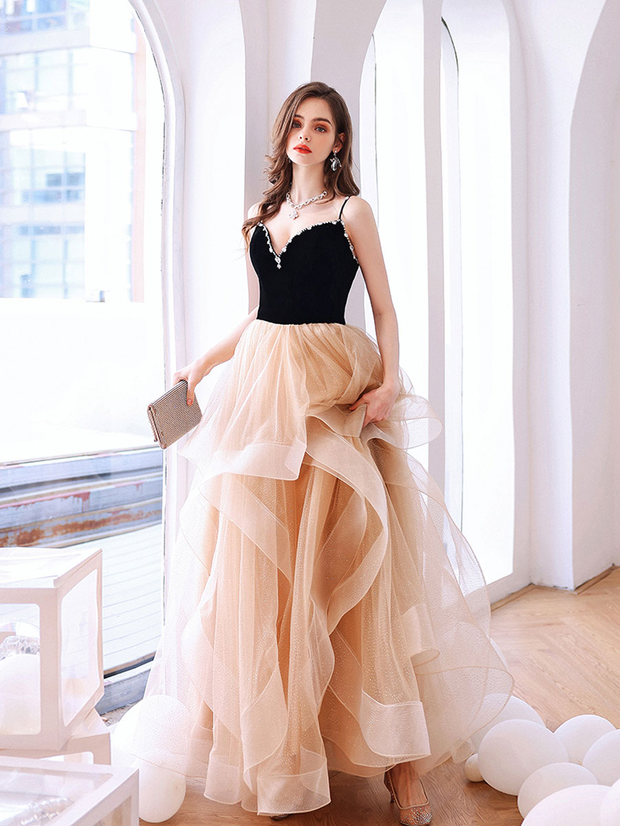 Champagne Velvet Formal Dress Sweetheart Neck Tulle Long Backless Evening Dress