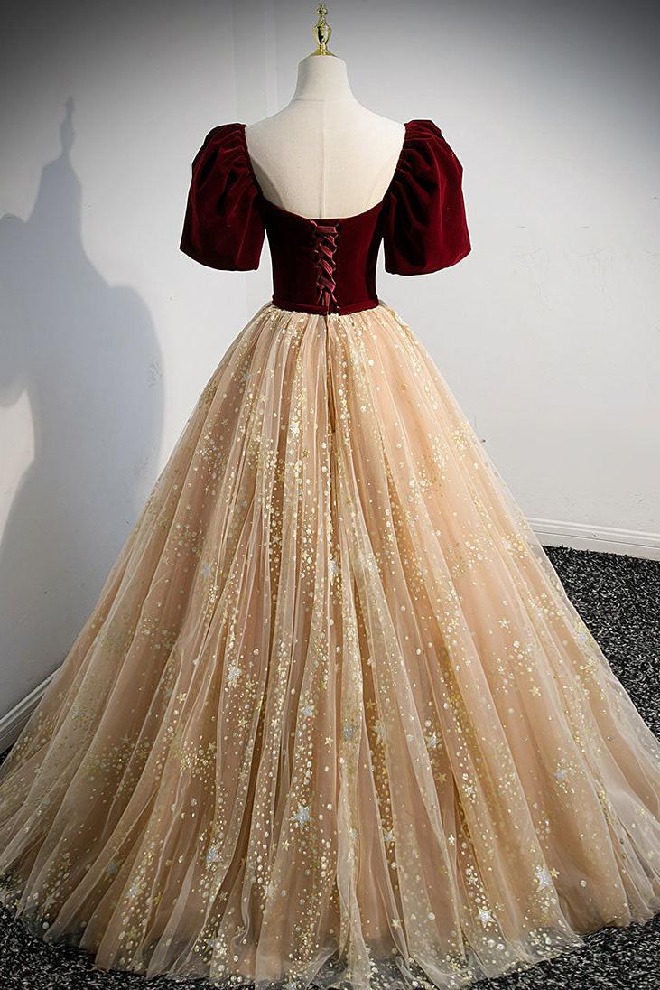 Champagne Velvet Formal Dress Tulle Long A Line Evening Gown