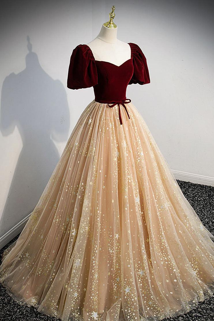 Champagne Velvet Formal Dress Tulle Long A Line Evening Gown