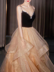Champagne Velvet Formal Dress V Neck Tulle Long Evening Dress
